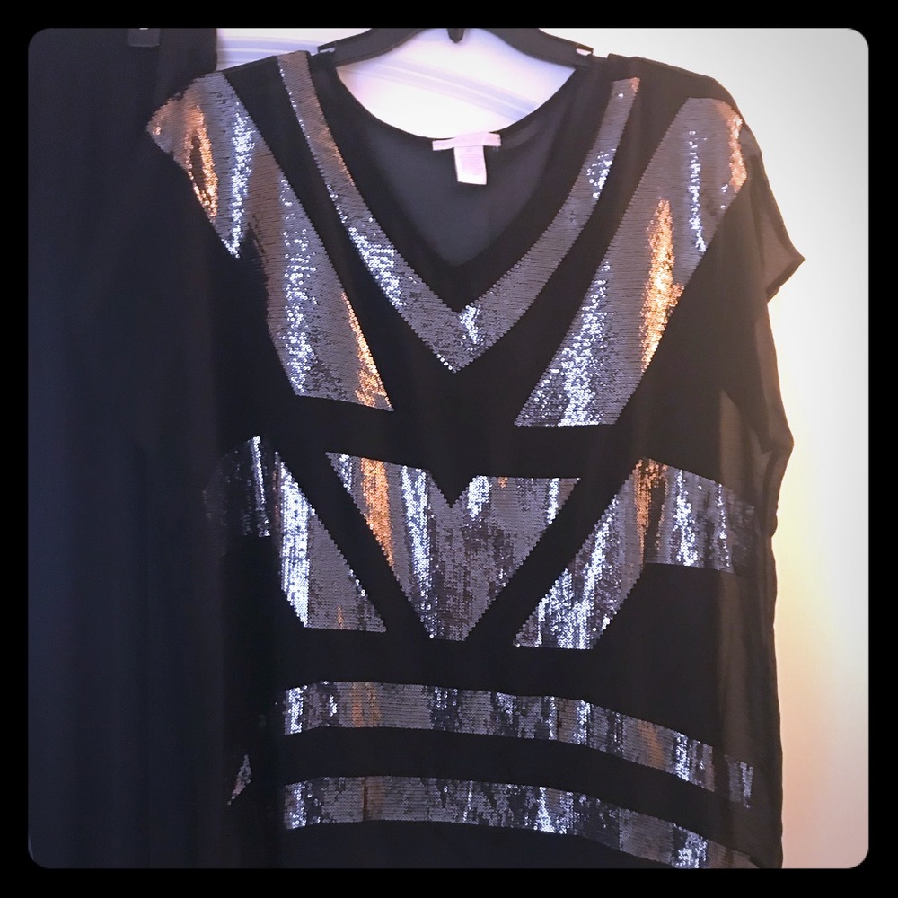 Evening silver sequins black top and pants